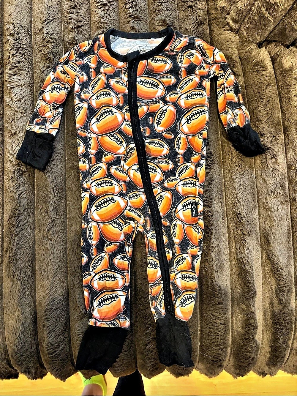 milli + too Baby Football Footie Orange & Black Size 3-6 Months Like New